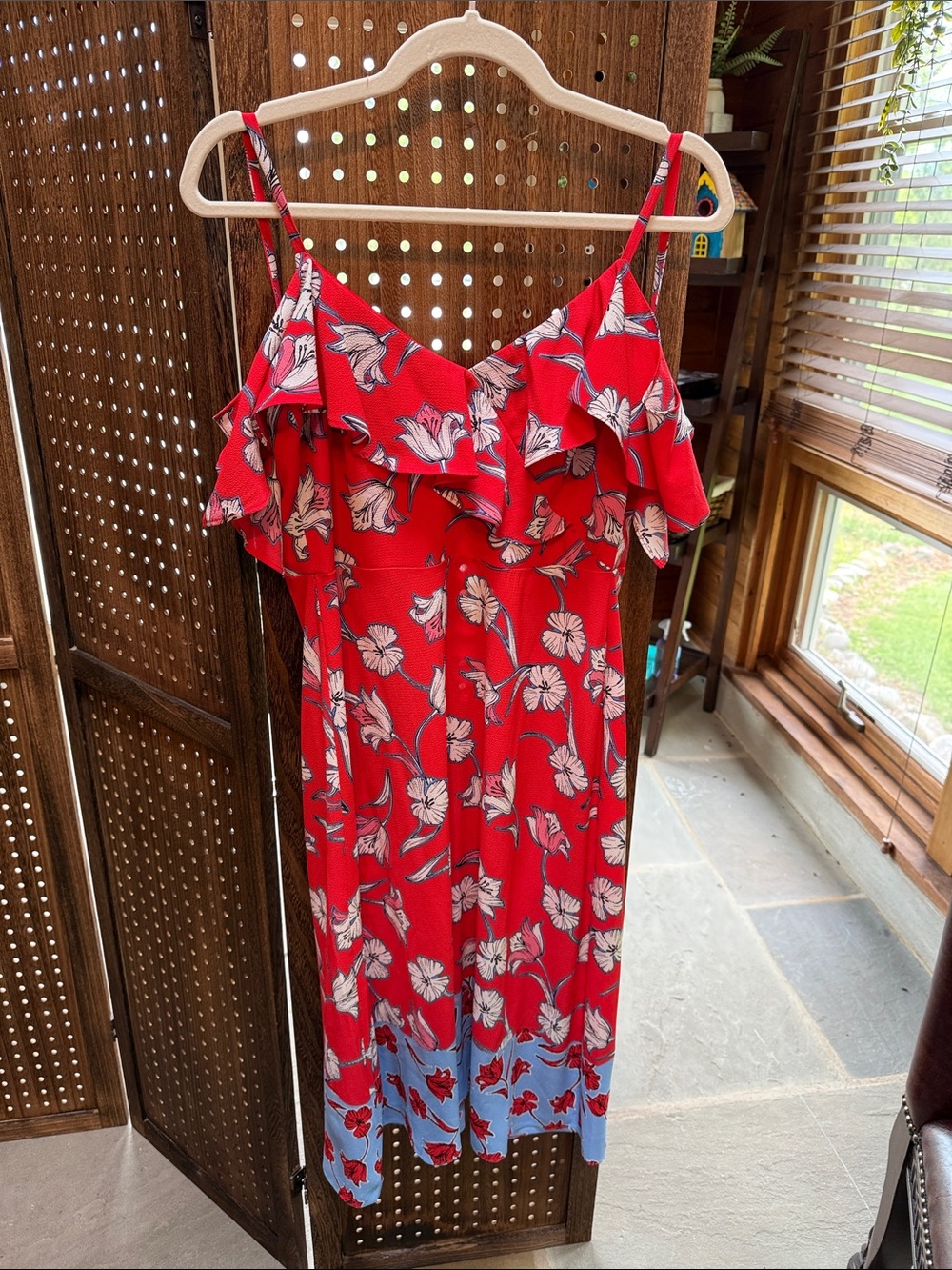 Roz & Ali Red Floral Midi Dress with Blue Border